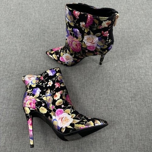 Anne Michelle Floral Heel Booties Black Multicolor Zipper Size 8 Brand New - Picture 11 of 14