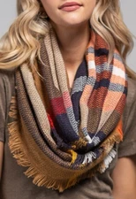 Ruggine Plaid Camel Multi-Color Everyday Infinity Scarf Soft Short Fringe NWT