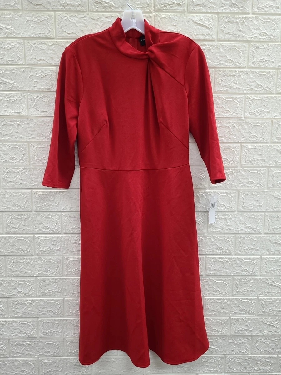 New Donna Morgan Twisted Mock Neck 3 4 Sleeve A Line Red Dress