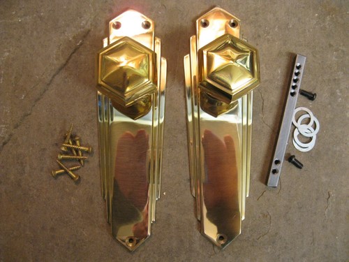 Pr of 1930`s Art Deco Reproduction Brass Hexagonal Door Knobs & Backplates PBU1 - Picture 2 of 6
