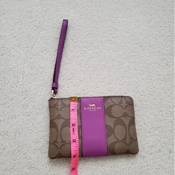 Coach Signature Corner Zip Tan and Purple Wristlet - image 3