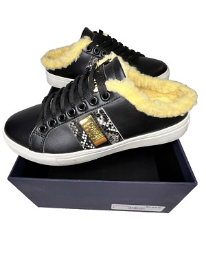 $450 Roberto Cavalli Class Faux Shearling Lined Mule Sneakers Black Snake Sz 7 