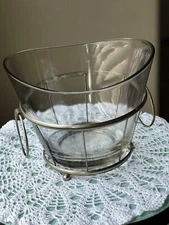 VTG MCM Heavy Scooped Glass Designed Ice Bucket with Metal 2 Handle Caddy