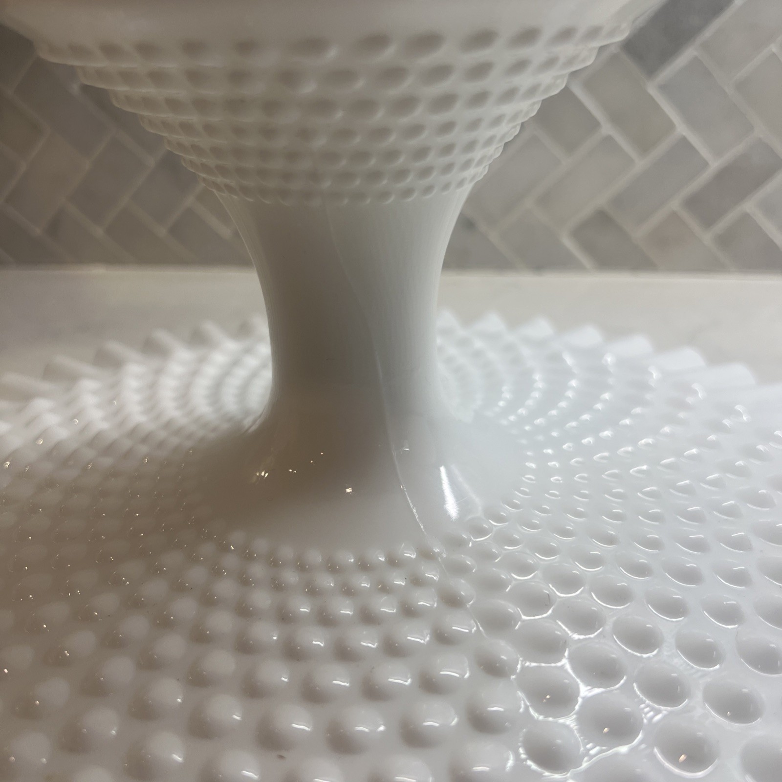 Fenton Milk Glass Hobnail Pedestal Cake Stand  Ruffled Edge 12.5”