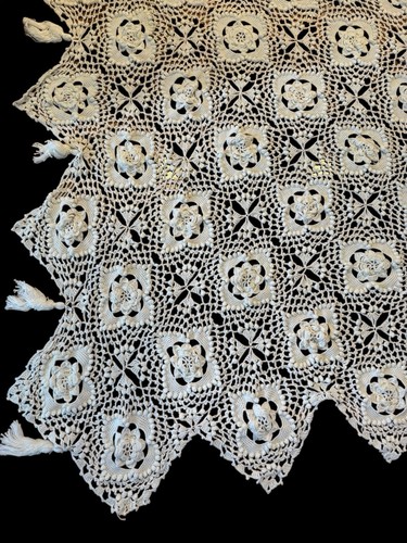 Vintage Crochet Lace Knit Bed Cover Blanket Throw Square Granny Cottage 94x72 - 第 2/5 張圖片