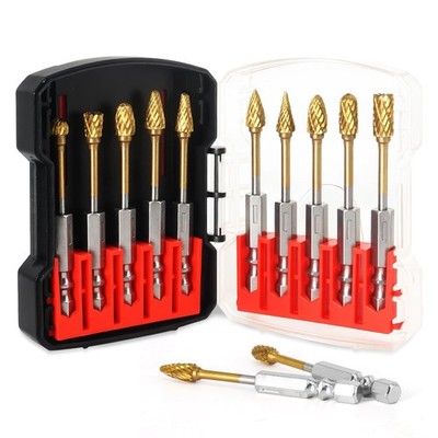 10 Pcs Titanium Tungsten Carbide Burr Set with 1/4'' Hex Shank,Rotary Grinder Bit
