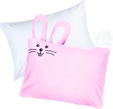 kinder Fluff Toddler 13x18 in, White Pillow & Pink Bunny Pillowcase 