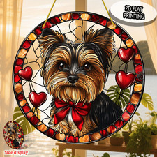 Acrylic Suncatcher Yorkshire Terrier Dog Red Hearts Round Hanging Window Decor