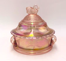 Vtg. Westmoreland Carnival Glass Pink Covered Candy Dish Swan Finial Accents HTF