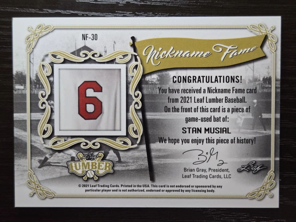 2021 Leaf Lumber Stan Musial Nickname Fame Bat Relic #NF-30 Card 12/12 Cardinals - Image 2 of 4