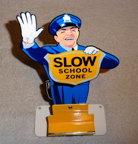 VINTAGE COCA COLA STAND-UP POLICEMAN "SLOW SCHOOL ZONE" 12" METAL SODA COP SIGN!