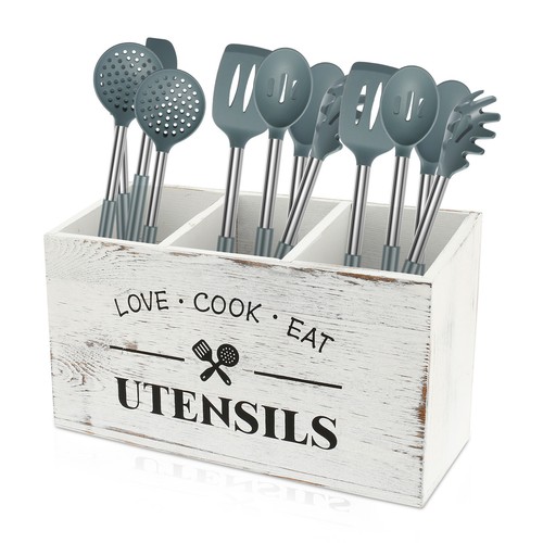 Wooden Utensil Holder Large Kitchen Utensil Caddy Organizer with 3 NX - Picture 22 of 22