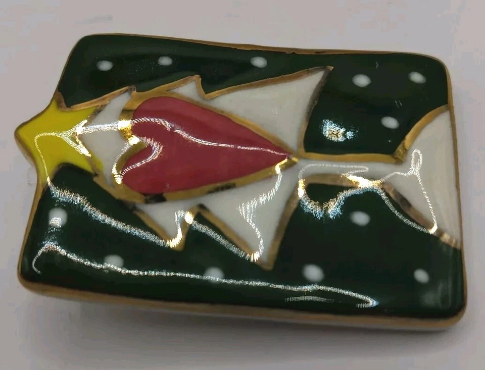 Broche prendedor árbol de Navidad esmaltado vintage - tono dorado verde rojo blanco  Foto 2 de 4