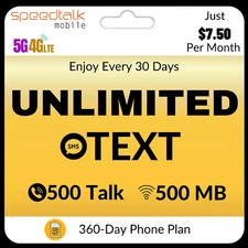 SpeedTalk SIM Card Unlimited Text 500 Talk & Data Prepaid Phone Plan $7.50/Mo.
