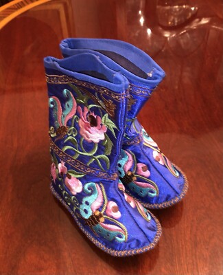 Hand Made Embroidered Chinese Blue Children s Cloth Boots Never Used