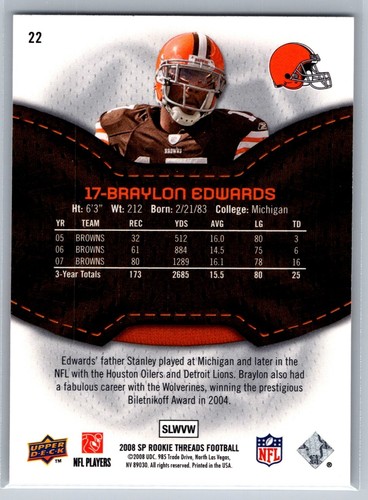2008 UD SP ROOKIE THREADS FOOTBALL 22 BRAYLON EDWARDS BROWNS - Picture 2 of 2