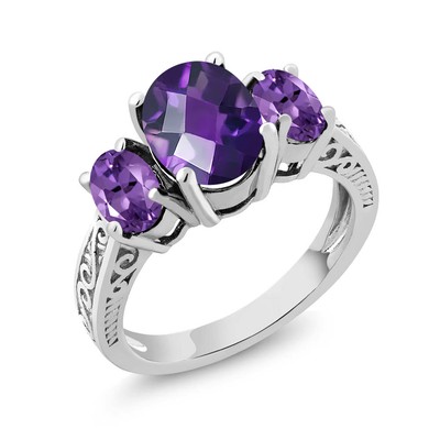 925 Sterling Silver Amethyst 3-Stone Ring For Women (2.50 Cttw,   VS Gemstone