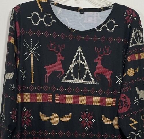 Harry Potter Kleid XL Schwarz Faux Ugly Sweater Print Tunika Fronttaschen Neu - Bild 3 von 5