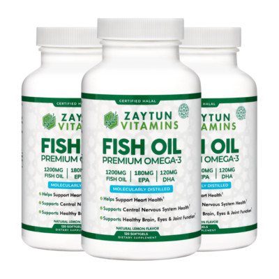 Zaytun Vitamins Halal Fish Oil 1200mg Omega-3 300mg EPA/DHA, 3-Pack 360 Softgels
