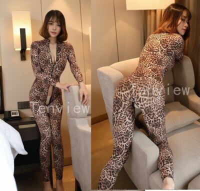 Sexy 2 Way Zipper Leopard Full Body Stockings Nylon Long Sleeve Bodysuit Catsuit