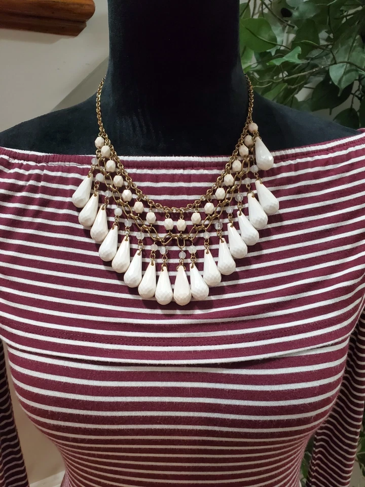 Love Fire 女式栗色条纹露肩长袖及膝连衣裙 XS — 第 2/4 张图片