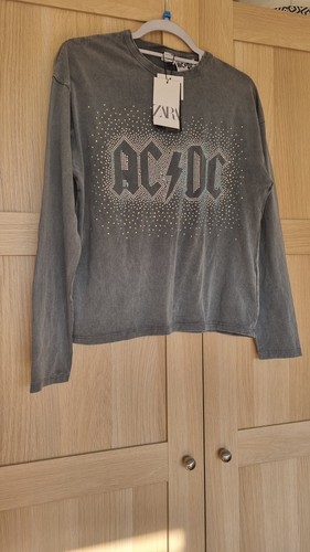 BNWT ZARA AC/DC GIRLS TOP LONG SLEEVE T SHIRT WASHED GREY BLING DIAMANTÉ 11-12 - Picture 2 of 13