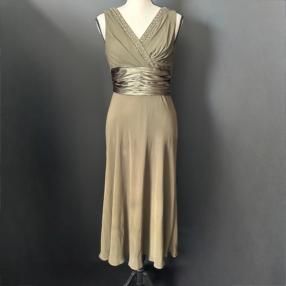 Винтажный Y2k оливковый зеленый фея платье Midi причудливый бисером 4 сарафан без рукавов  - Изображение 2 из 4