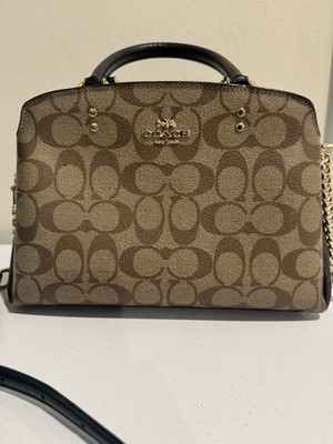 Coach Mini Lillie Carryall Black Khaki Signature Canvas Gold Chain Purse Satchel