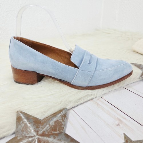 THELMA Powder Blue Suede Loafers Heeled Pastel Leather Pointed Toe Size 39 - Picture 4 of 9