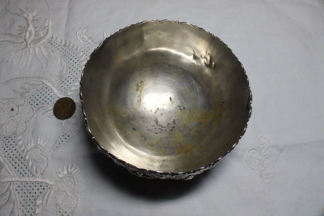 Antique Silver Repousse Burma, Sri Lanka? Hindu Buddhist Dancers Offering Bowl