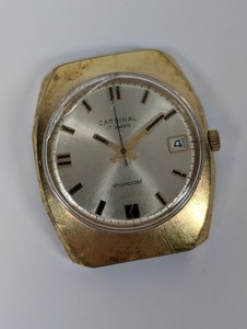 Authentic Vtg Cardinal 17J Mens Watch 36mm Cushion Case Date Gold Plated AU20 REPAIR PARTS