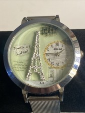 Paris Watch Women Eiffel Tower 3D Silver Tone Mesh Band 40mm New Battery