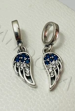 Pair of 2 Sparkling Splitable Angel wings Pandora Charm Blue Always Be There NEW