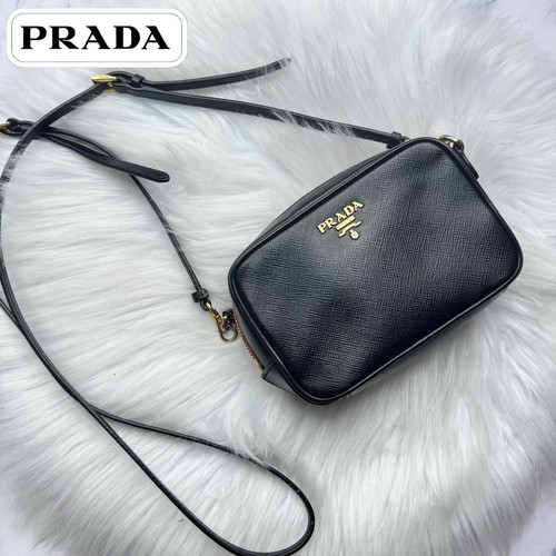 prada saffiano cross body bag Black leather mini pochette purse logo square