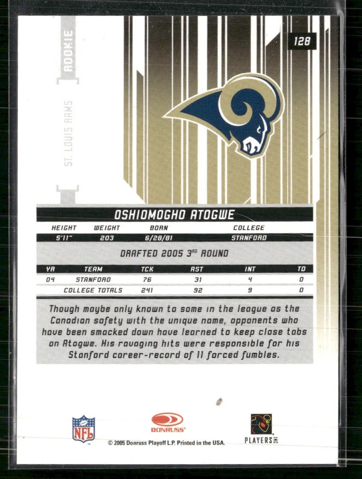 2005 Leaf Rookies & Stars Longevity #128 O.J. Atogwe Sapphire #/199 - Image 2 of 2