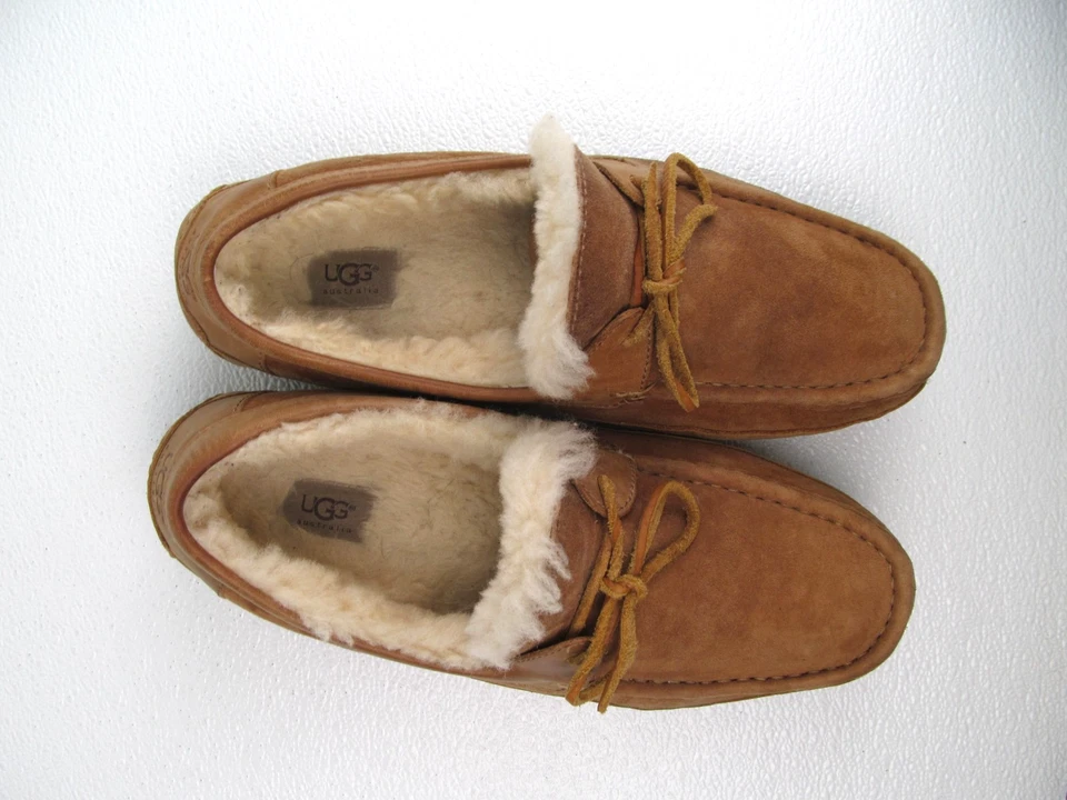 UGG Australia Byron Men's Moccasin Slippers Chestnut Leather Sheepskin size 12 - Image 3 of 4