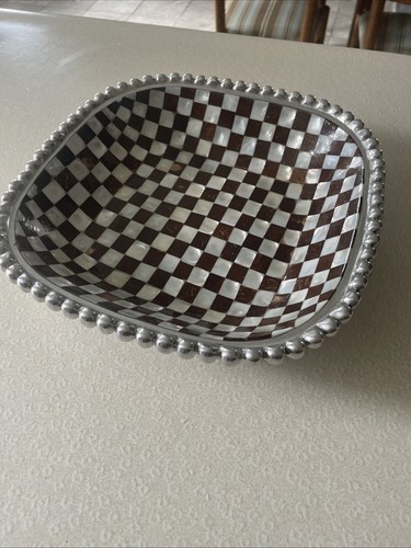 Mother of Pearl and Coconut Inlay Metal Beaded 11” Console Table Dish Tray Bowl