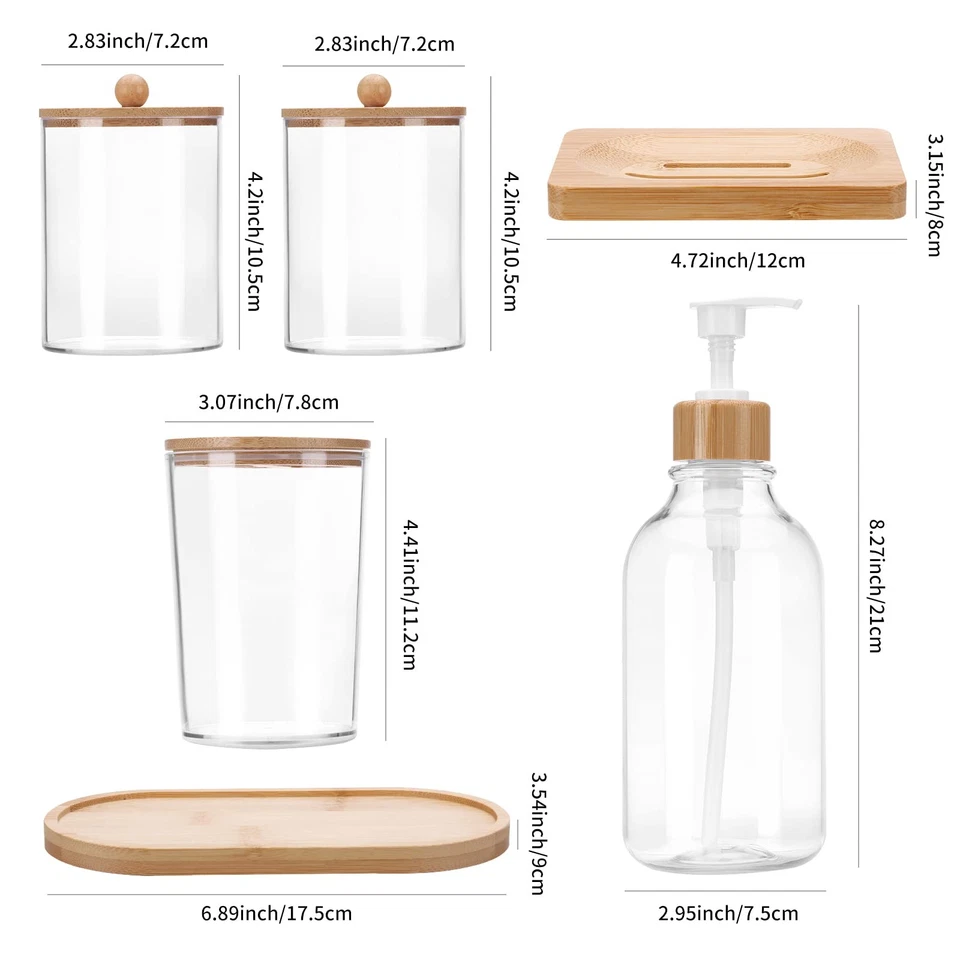 Juego dispensador de jabón de baño, juego de 6 accesorios de baño de bambú, cepillo de dientes... Foto 2 de 4