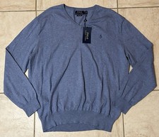 Polo Ralph Lauren Mens Sweater Large Pima Cotton V-Neck Long Sleeve Blue NWT