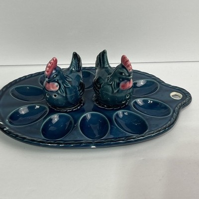 Mid-Century Blue Deviled Egg Tray with Chicken Salt & Pepper Shakers Japan (f2)