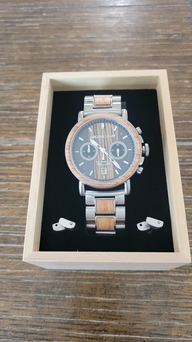 Original Grain Brewmaster Silver 44mm Chronograph Quartz Wood Dial Date Watch