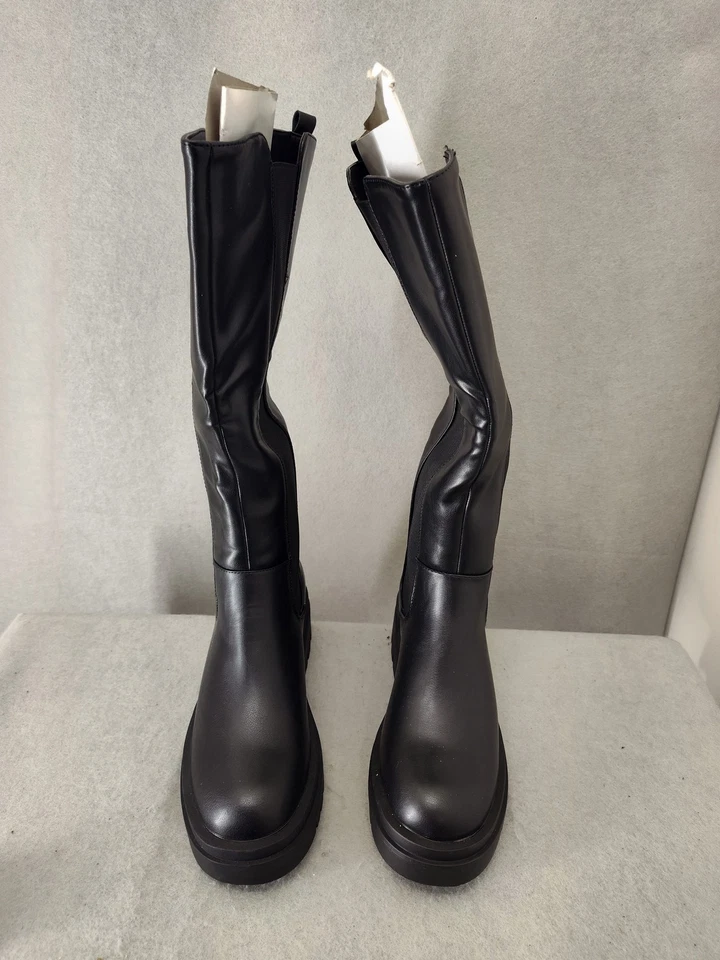 Shoedazzle Mujer Botas 9 Negras Hasta la Rodilla Gruesas Plataforma Elásticas Pull On Zapatos Foto 2 de 4