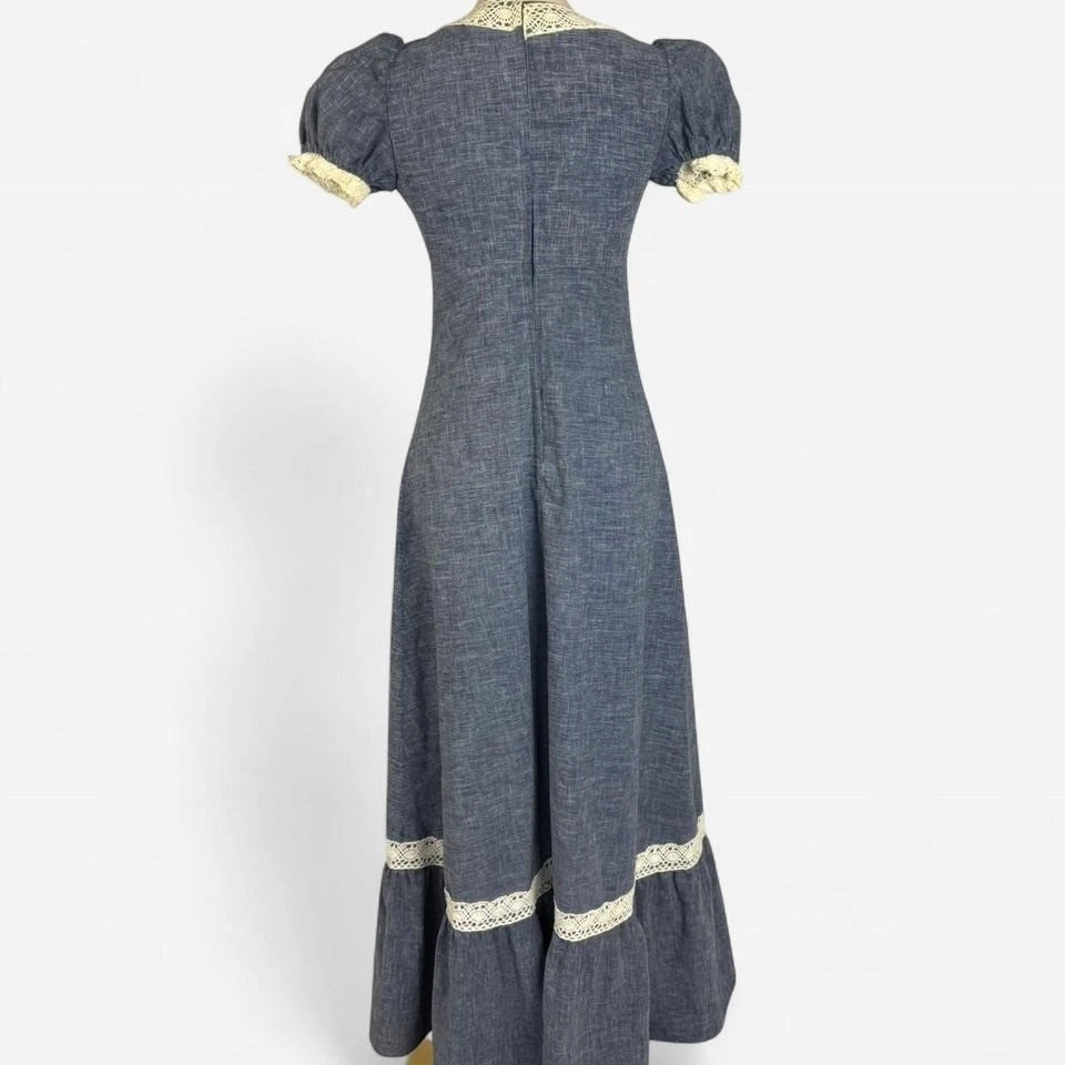 Maxi Vestido Vintage Años 60 Gunne Sax Etiqueta Negra Denim Cambray Talla 9 RARO Foto 3 de 4