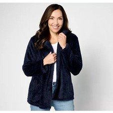 Denim  Co. Women Top Sweater sz L Shimmer Sherpa Open Front Navy Blue A630354