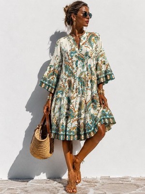 Neue luftige Baumwoll-Kleid Tunika Boho Sommerkleid Strand Neu Ibiza Style