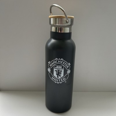 Manchester United Water Bottle Stainless Steel Gray Bamboo Lid Soccer Fan Flask