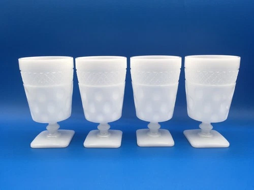 4 Vintage Art Deco White Milk Glass Thumb Print Footed Pedestal Drink Tumblers