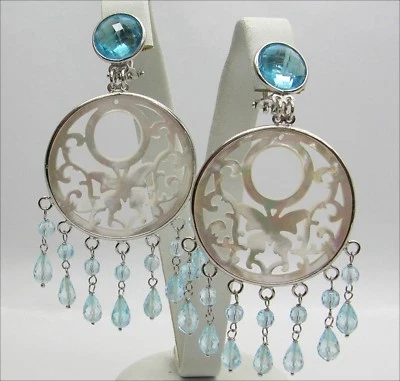 Boucles D'Oreilles En Argent 925 Avec Nacre Et Topaze Bleue Pendants AGHT 0141 - Photo 1/3
