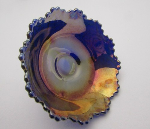 Fenton Glass 1973 Cobalt Blue Carnival Glass Leaf 3 Toed Nut Candy Dish # 8235 - Picture 11 of 12