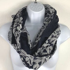 Modelama Women Infinity Scarf Navy White Embroidered Geometric Lightweight Sheer